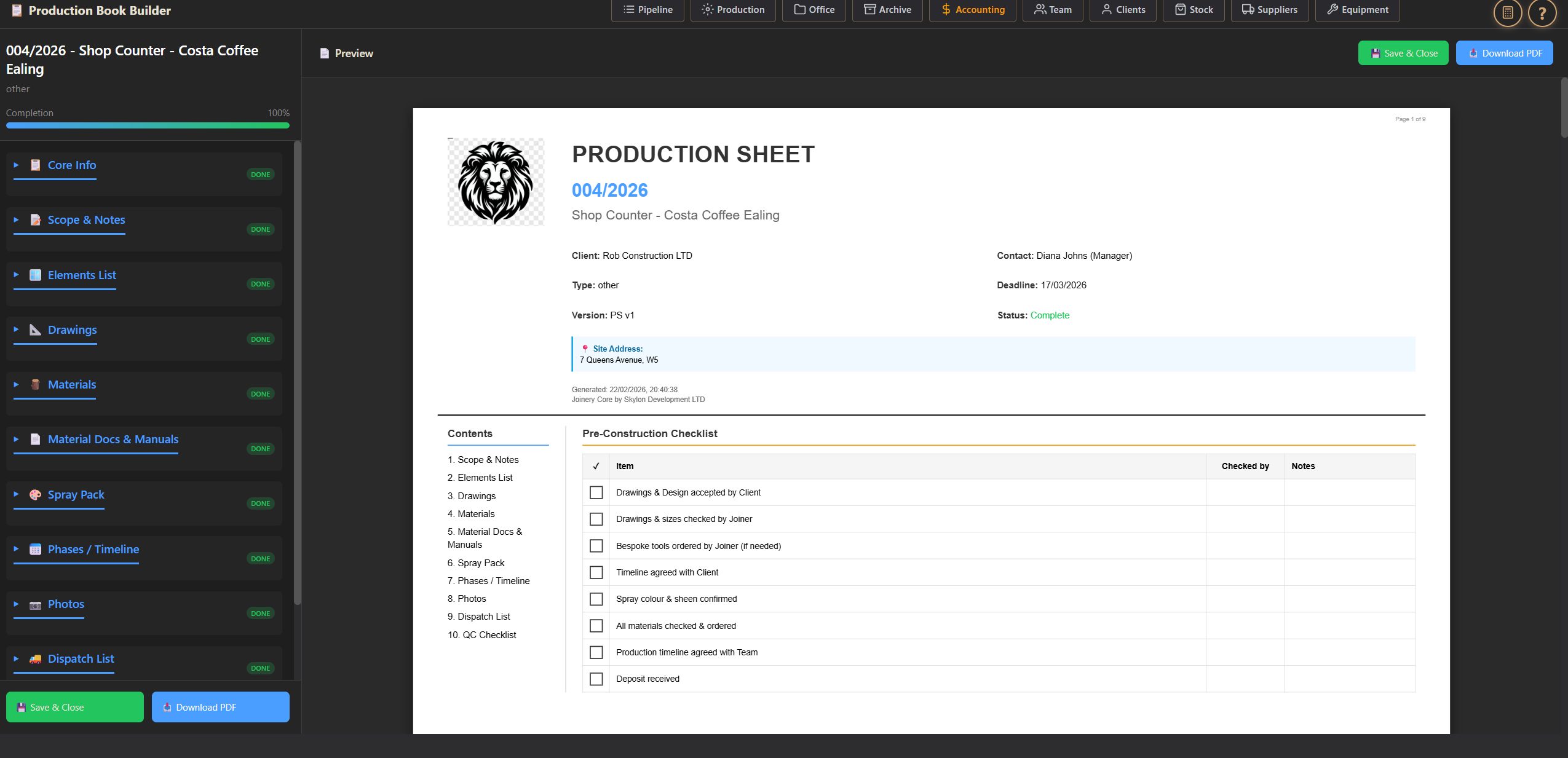 Production Sheet